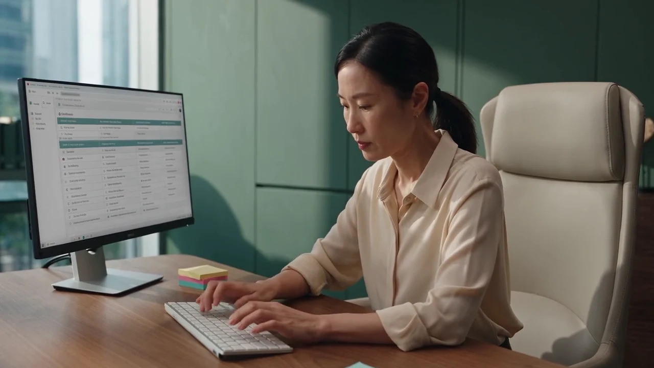 A team member works through an endless list of rules and instructions at her desk.