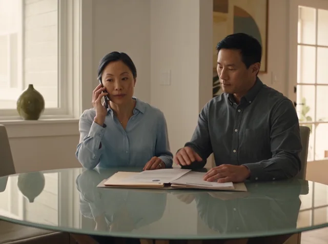 A couple reviews insurance claim documents and receipts while checking an enquiry on a phone.