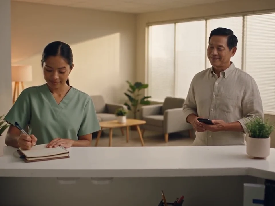 A clinic receptionist welcomes a patient for an appointment.