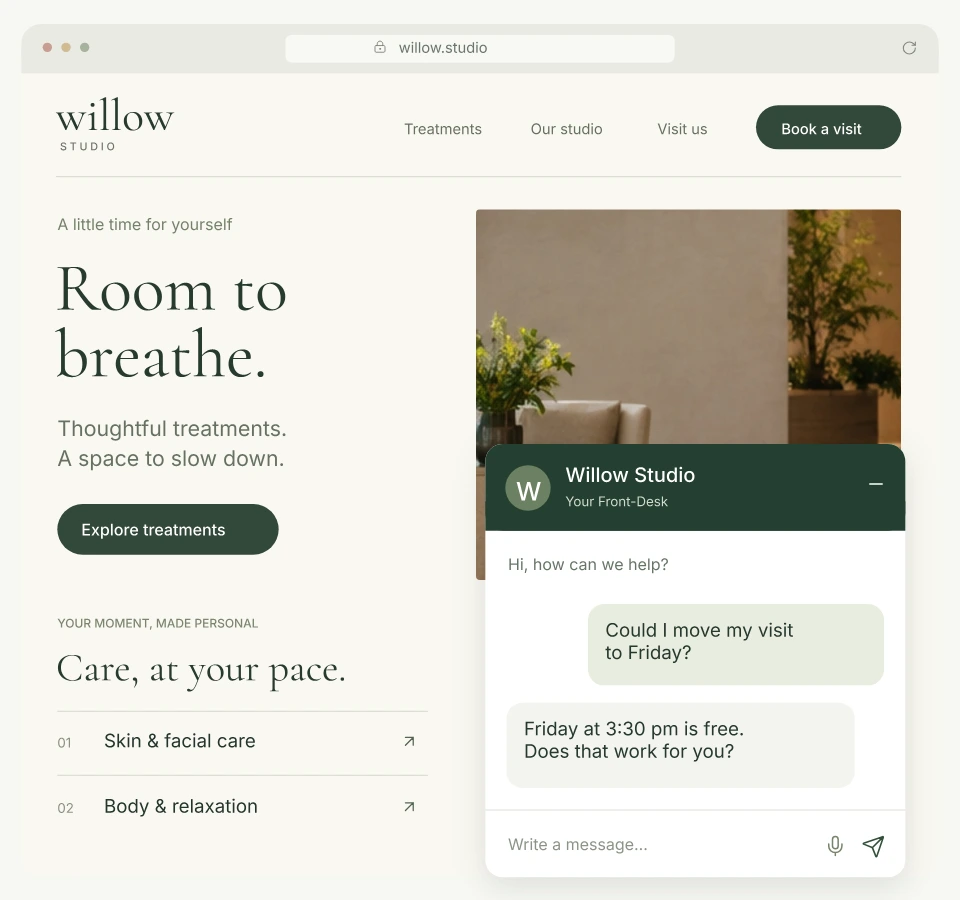 A widget on your website. Visitors ask without leaving the page.