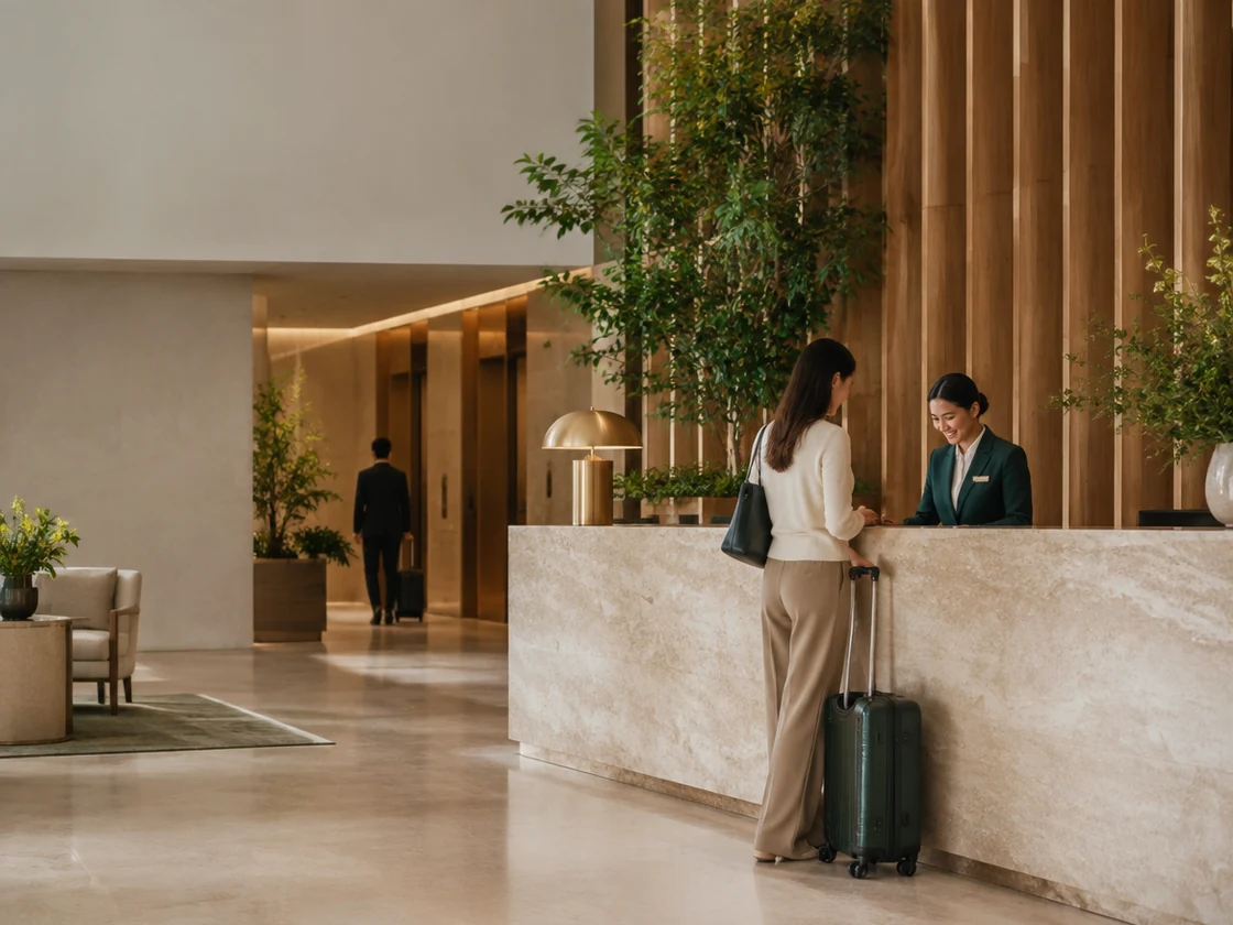 A guest being welcomed at a warm, contemporary hotel reception.